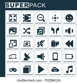 Multimedia Icons Set. Collection Of Mute, Music, Magnifying And Other Elements. Also Includes Symbols Such As Battery, Emoji, Controller.