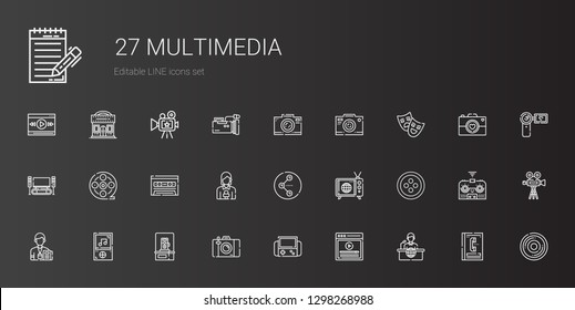 multimedia icons set. Collection of multimedia with news report, video, video games, photo camera, music player, journalist, button, tv. Editable and scalable multimedia icons.