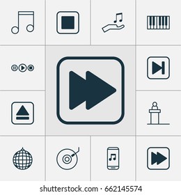Multimedia Icons Set. Collection Of Note, Audio Mobile, Extract Device And Other Elements. Also Includes Symbols Such As Piano, Eject, Tribune.