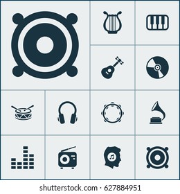 Multimedia Icons Set. Collection Of Octave, Instrument, Barrel And Other Elements. Also Includes Symbols Such As Vinyl, Musical, Music.