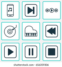 Multimedia Icons Set. Collection Of Octave, Mute Song, Rewind Back And Other Elements. Also Includes Symbols Such As Forward, App, Gramophone.