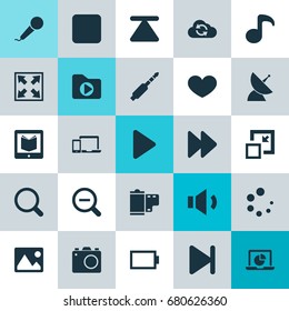 Multimedia Icons Set. Collection Of Pause, Cloud, Empty Accumulator And Other Elements. Also Includes Symbols Such As Satellite, Zoom, Stop.