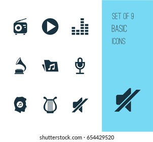Multimedia Icons Set. Collection Of Phonograph, Start, Meloman And Other Elements. Also Includes Symbols Such As Equalizer, Mixer, Radio.