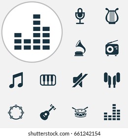 Multimedia Icons Set. Collection Of Phonograph, Octave, Barrel And Other Elements. Also Includes Symbols Such As Mute, Tuner, Drum.