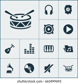Multimedia Icons Set. Collection Of Phonograph, Equalizer, Octave And Other Elements. Also Includes Symbols Such As Octave, Folder, Piano.
