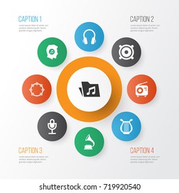 Multimedia Icons Set. Collection Of Phonograph, Timbrel, Megaphone And Other Elements. Also Includes Symbols Such As Mike, Phonograph, Radio.