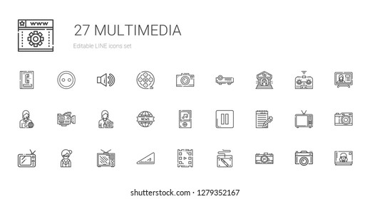 multimedia icons set. Collection of multimedia with photo camera, graphic tablet, video player, set square, television, librarian, tv. Editable and scalable multimedia icons.