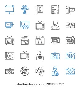 multimedia icons set. Collection of multimedia with photo camera, news reporter, camera, film, news report, television, cd, video camera. Editable and scalable multimedia icons.