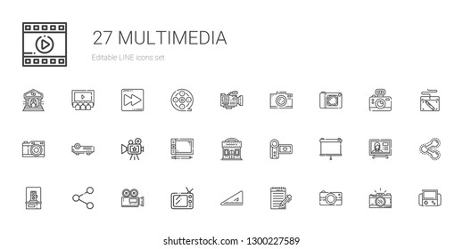 multimedia icons set. Collection of multimedia with photo camera, journalist, set square, tv, video camera, share, projector, camcorder. Editable and scalable multimedia icons.