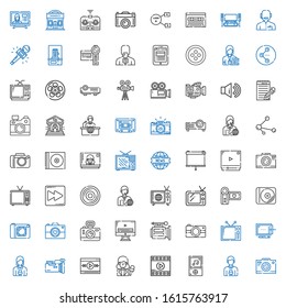 multimedia icons set. Collection of multimedia with photo camera, news reporter, music player, film, video player, video camera, graphic tablet. Editable and scalable multimedia icons.