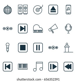 Multimedia Icons Set. Collection Of Piano, Audio Buttons, Sound Box And Other Elements. Also Includes Symbols Such As App, Pause, Fast.