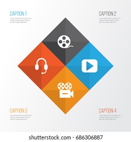 Multimedia Icons Set. Collection Of Play, Filmstrip, Headset And Other Elements. Also Includes Symbols Such As Headset, Earphone, Reel.