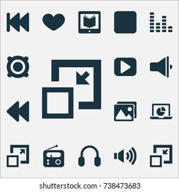 Multimedia Icons Set. Collection Of Play, Amplifier, Gallery And Other Elements. Also Includes Symbols Such As Earmuff, Resize, Enlarge.
