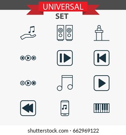 Multimedia Icons Set. Collection Of Rewind Back, Song UI, Note And Other Elements. Also Includes Symbols Such As Instrument, Mobile, Backward.