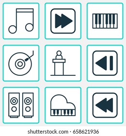 Multimedia Icons Set. Collection Of Rostrum, Note, Octave And Other Elements. Also Includes Symbols Such As Forward, Tribune, Speakers.