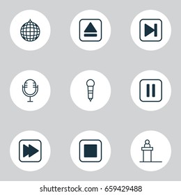 Multimedia Icons Set. Collection Of Rostrum, Following Song, Extract Device And Other Elements. Also Includes Symbols Such As Rewind, Button, Tribune.