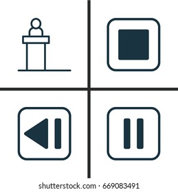 Multimedia Icons Set. Collection Of Rostrum, Mute Song, Stop Button And Other Elements. Also Includes Symbols Such As Scene, Rostrum, Button.