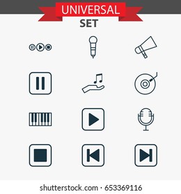 Multimedia Icons Set. Collection Of Run Song Back, Mike, Gramophone And Other Elements. Also Includes Symbols Such As Forward, Hailer, Bullhorn.