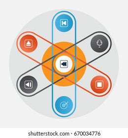 Multimedia Icons Set. Collection Of Run Song Back, Stop Button, Last Song And Other Elements. Also Includes Symbols Such As Gramophone, Extract, Microphone.