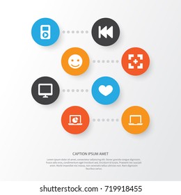 Multimedia Icons Set. Collection Of Screen, Notebook, Heart And Other Elements. Also Includes Symbols Such As Computer, Target, Display.