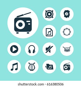 Multimedia Icons Set. Collection Of Silence, Timbrel, Tuner And Other Elements. Also Includes Symbols Such As Earmuff, Start, File.