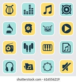 Multimedia Icons Set. Collection Of Silence, Earmuff, Barrel And Other Elements. Also Includes Symbols Such As Sound, Megaphone, Radio.