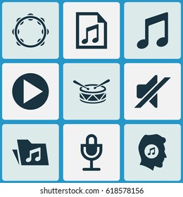 Multimedia Icons Set. Collection Of Silence, Meloman, Music And Other Elements. Also Includes Symbols Such As Dossier, Timbrel, Drum.