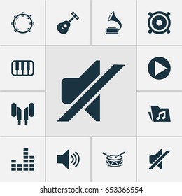 Multimedia Icons Set. Collection Of Silence, Phonograph, Sound And Other Elements. Also Includes Symbols Such As Silent, Play, Dossier.