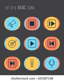 Multimedia Icons Set. Collection Of Skip Song, Start Song, Following Music And Other Elements. Also Includes Symbols Such As Bullhorn, Start, Play.