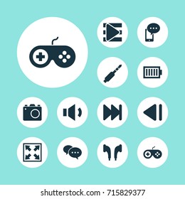 Multimedia Icons Set. Collection Of Song List, Gamepad, Enlarge And Other Elements. Also Includes Symbols Such As Jack, Widen, Chatting.