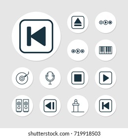 Multimedia Icons Set. Collection Of Song UI, Last Song, Rostrum And Other Elements. Also Includes Symbols Such As Mike, Dj, Microphone.