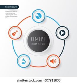 Multimedia Icons Set. Collection Of Sound, Phonograph, Cd And Other Elements. Also Includes Symbols Such As Instrument, Play, Button.