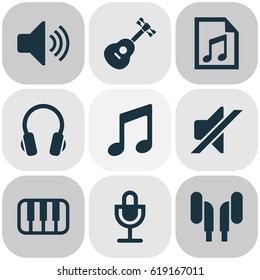 Multimedia Icons Set. Collection Of Sound, Earmuff, Earphone And Other Elements. Also Includes Symbols Such As Speaker, Silent, Instrument.