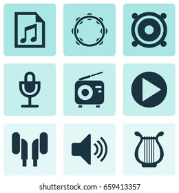 Multimedia Icons Set. Collection Of Sound, Lyre, Megaphone And Other Elements. Also Includes Symbols Such As Percussion, Volume, Play.