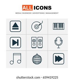 Multimedia Icons Set. Collection Of Sound Box, Note, Mike And Other Elements. Also Includes Symbols Such As Next, Forward, Party.