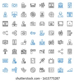 multimedia icons set. Collection of multimedia with set square, television, cd, video camera, compact disc, theatre, camcorder, librarian. Editable and scalable multimedia icons.