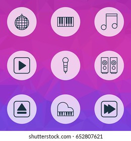Multimedia Icons Set. Collection Of Start Song, Dance Club, Microphone And Other Elements. Also Includes Symbols Such As Box, Disco, Mike.