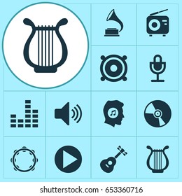 Multimedia Icons Set. Collection Of Start, Meloman, Lyre And Other Elements. Also Includes Symbols Such As Harp, Mic, Button.