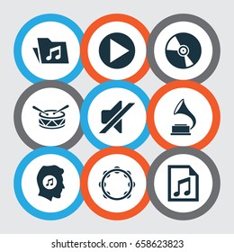 Multimedia Icons Set. Collection Of Start, Cd, Dossier And Other Elements. Also Includes Symbols Such As Gramophone, Note, File.