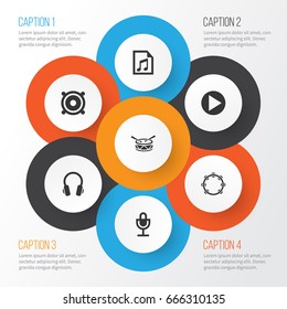 Multimedia Icons Set. Collection Of Start, Mike, Earphone And Other Elements. Also Includes Symbols Such As Megaphone