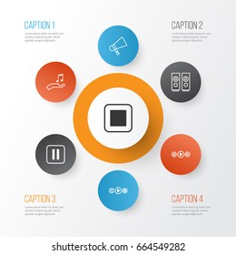 Multimedia Icons Set. Collection Of Stop Button, Sound Box, Bullhorn And Other Elements. Also Includes Symbols Such As Hailer, Speakers, Stop.