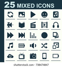 Multimedia Icons Set. Collection Of Television, Earmuff, Forward And Other Elements. Also Includes Symbols Such As Gallery, Television, Learning.