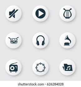 Multimedia Icons Set. Collection Of Timbrel, Tuner, Start And Other Elements. Also Includes Symbols Such As Earmuff, Silent, Button.