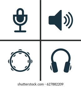 Multimedia Icons Set. Collection Of Timbrel, Mike, Earphone And Other Elements. Also Includes Symbols Such As Tambourine, Mike, Timbrel.