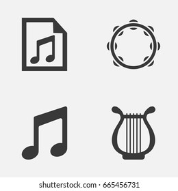 Multimedia Icons Set. Collection Of Timbrel, Music, Lyre And Other Elements. Also Includes Symbols Such As Percussion, Note, Harp.