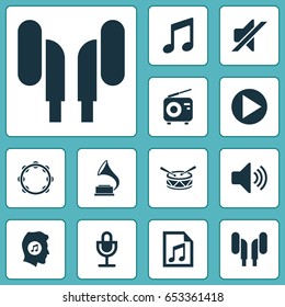 Multimedia Icons Set. Collection Of Tuner, Earmuff, Music And Other Elements. Also Includes Symbols Such As Music, Button, Volume.