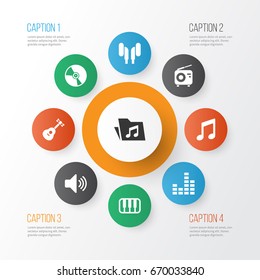 Multimedia Icons Set. Collection Of Tuner, Cd, Instrument And Other Elements. Also Includes Symbols Such As Radio, Turntable, Instrument.