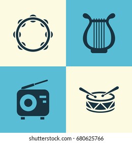 Multimedia Icons Set. Collection Of Tuner, Lyre, Timbrel And Other Elements. Also Includes Symbols Such As Instrument, Drum, Fm.