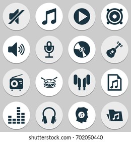 Multimedia Icons Set. Collection Of Tuner, Music, Silence And Other Elements. Also Includes Symbols Such As Folder, Megaphone, Button.