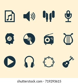 Multimedia Icons Set. Collection Of Tuner, Lyre, Mike And Other Elements. Also Includes Symbols Such As Timbrel, Microphone, Meloman.